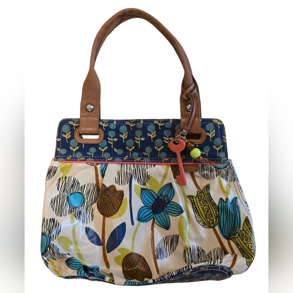 Fossil Blue Floral Canvas Tote with Brown Handles